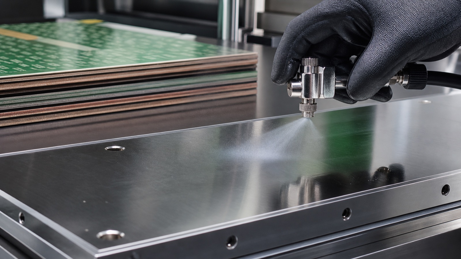 Precision application of silicone-free release agent on a PCB lamination steel plate